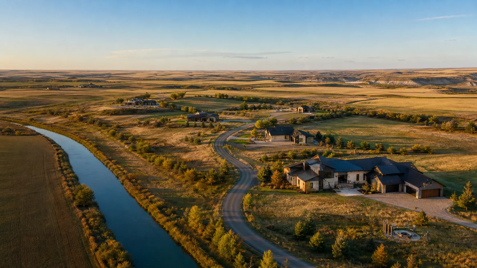 Conceptual golden-hour view of country homes, open prairie and a canal